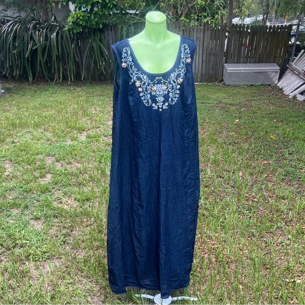 Jessica London Blue Denim Stretch Embroidery No Slit Maxi Dress Size 30W